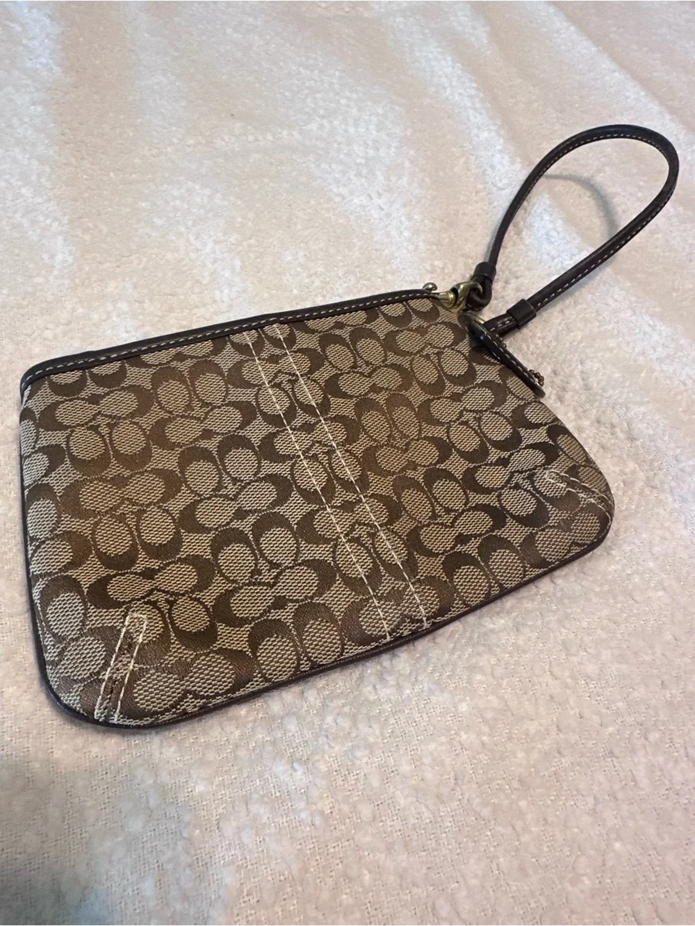 Coach Mini Signature Jacquard Canvas Wristlet in Brown and Dark Brown